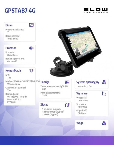 Tablet BLOW GPSTAB7 4G 7 cali (7"/Cortex A7/Android 11 Go/Wi-Fi/Czarny) Tablet BLOW GPSTAB7 4G 7 cali (7"/Cortex A7/Android 11 Go/Wi-Fi/Czarny)