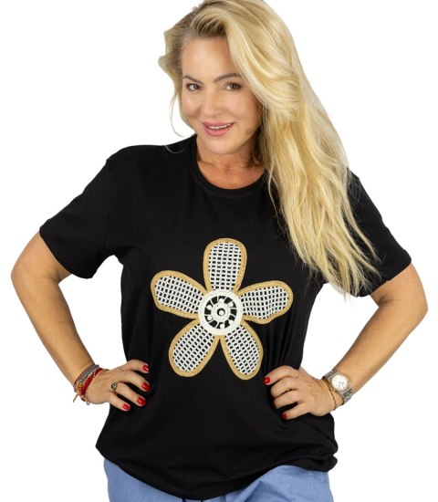 T-shit bluzka koszulka z wyszywanym kwiatkiem FLORA (Czarny) T-shit bluzka koszulka z wyszywanym kwiatkiem FLORA (Czarny)